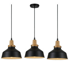 Obraz premium Three black and wood pendant lights isolated on transparent background