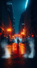 Obraz premium A mysterious silhouette walking down a foggy rain slicked urban city street at night.