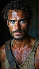 Obraz premium Man with mud on skin and wet hair. Intense blue eyes look forward. He wears a rough strap and tank top. Strong gaze conveys resilience and ruggedness.