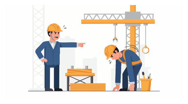 Supervisor scolding exhausted construction worker at a building site, illustrating workplace conflict, stress, and challenging boss-employee dynamics in the demanding industry