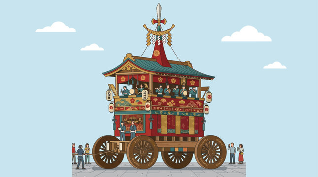 A striking flat design illustration of a traditional Hoko float, symbolizing the grandeur of Kyoto's Gion Festival. 