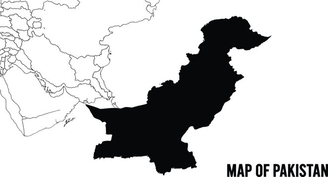 Stylized black and white map of pakistan with geographic outline and text