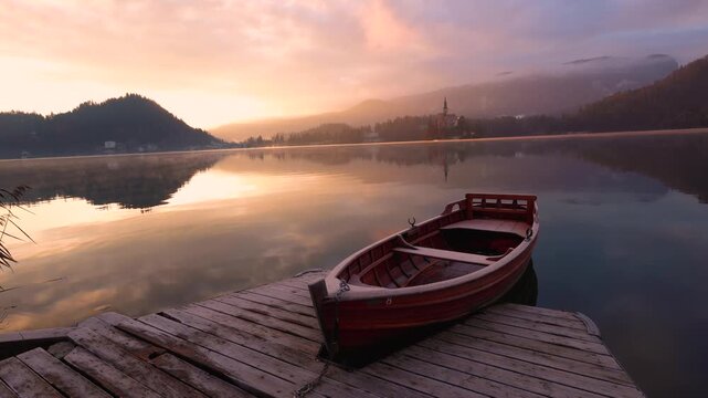 Wooden boat on Lake Bled at sunrise with calm reflections, Slovenia