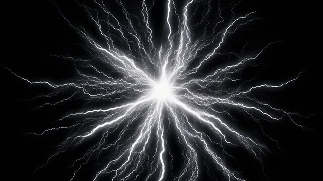 Dynamic Electrical Discharge Animation with Bright White Lightning Bolts on Black Background.