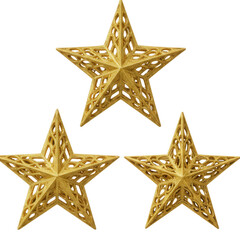 Obraz premium Three gold glitter star ornaments isolated on transparent background