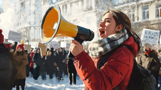 A woman shouting into a megaphone at a protest, with a group of demonstrators in the background, advocating for social change on a chilly day