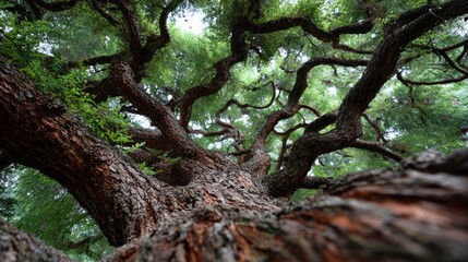 Fototapeta premium Gnarled branches twist and turn, reaching up towards the sky while vibrant green leaves provide shelter below. A tranquil moment unfolds in the heart of nature's splendor