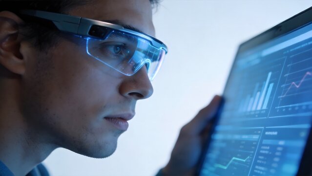 Man wearing smart glasses analyzing data on screen
