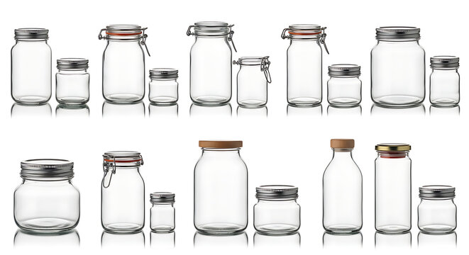 Collection of various glass jars with lids, perfect for food storage, canning, and kitchen organization