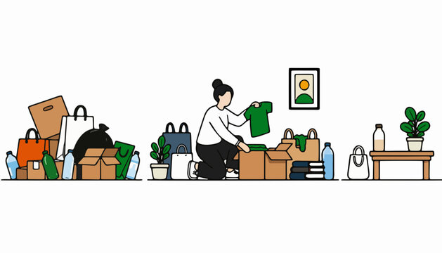 Sustainable Living 3R Concept Illustration, Reduce Reuse Recycle Home Decluttering and Eco Friendly Lifestyle Flat Vector