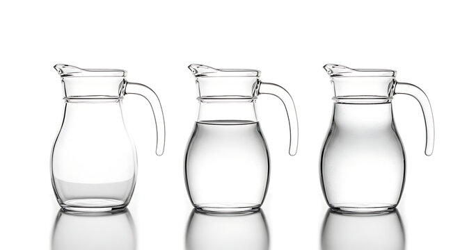 Three glass pitchers filled with clear liquid, presented in a studio shot with reflections