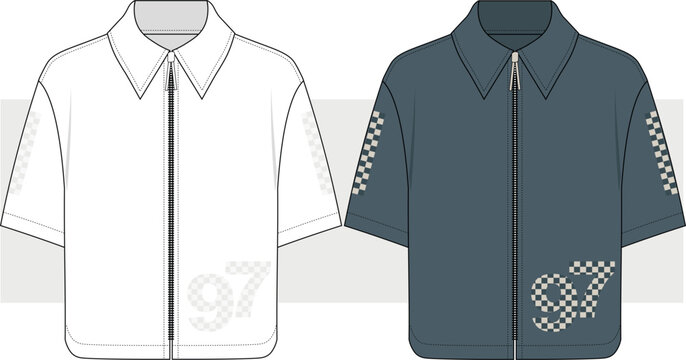 Men's printed detail zip-up shirt t-shirt fashion technical drawing, illustration. Streetwear, sportswear men top vector. Cad, Mockup.