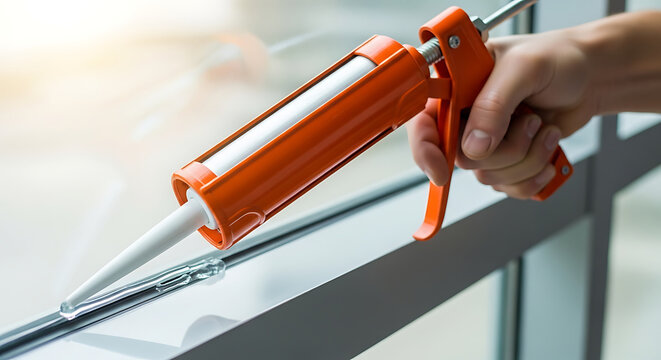 Hand holding a caulking gun to apply sealant to a window frame for home improvement and DIY projects