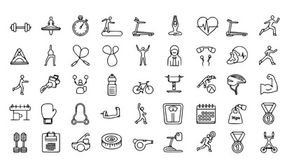 Naklejka premium Aerobics and fitness icon set with gym workout and training symbols in clean line vector illustration style