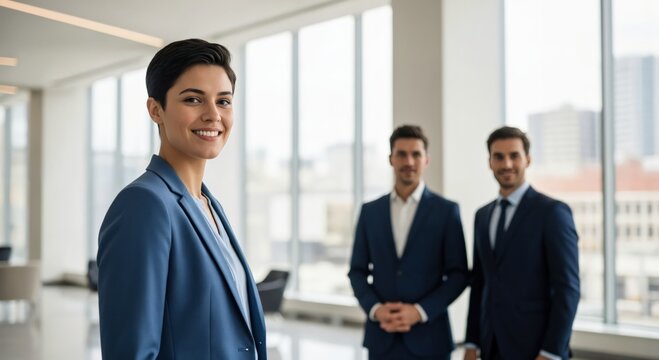 Professional Business Team Portrait in Modern Office Setting with Confident Female Leader and Supportive Male Colleagues