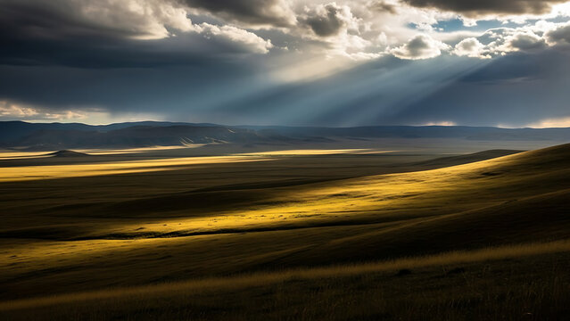 Golden hour radiance over rolling sand dunes in dramatic desert light. 