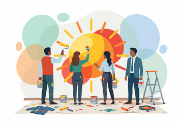 Diverse team painting a sun mural together for creative collaboration © nasyih