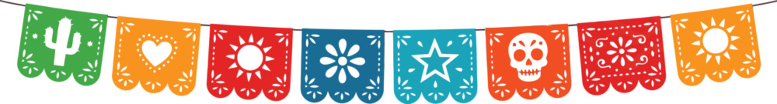 Vertical Mexican papel picado banner with elegant floral cut designs for Cinco de Mayo celebration. Vector illustration