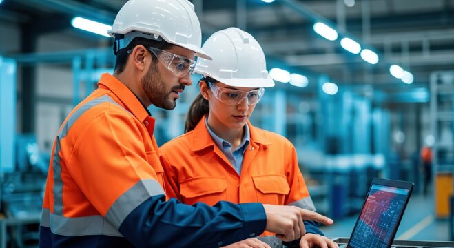 Industrial Workers Collaborating in Safety Gear at Manufacturing Facility