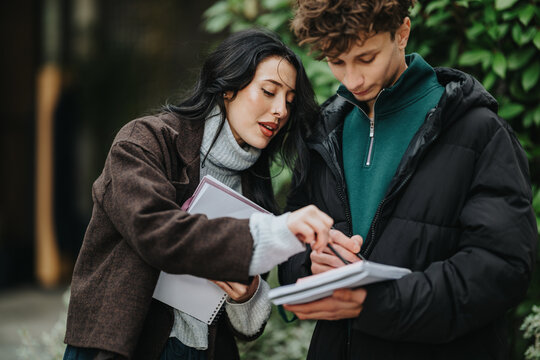 Two high school friends study from notebooks while talking and pointing at notes. A student pair reviews papers outdoors, collaborating on classwork and sharing study tips.