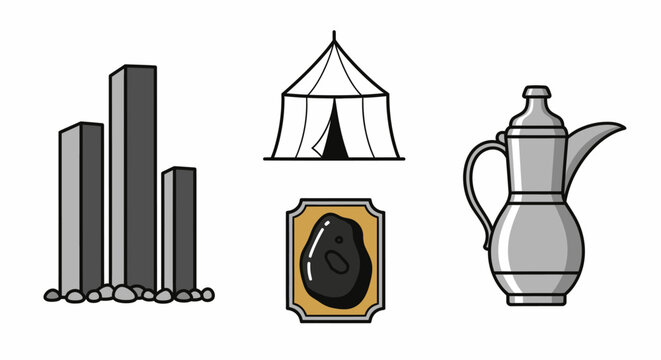 Saudi Arabian cultural icons with tent dallah and black stone