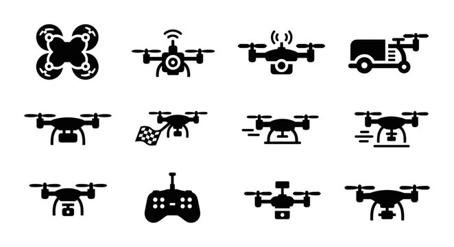 Drone icon set solid silhouette quadcopter and remote control, white background