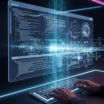 Futuristic computer screen, hacker interface, cyberpunk background, coding dashboard, digital glow