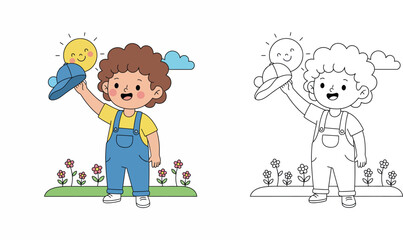 Cheerful Cartoon Boy Waving a Blue Hat Outdoors with Flowers, Clouds, and Smiling Sun - Happy Summer Scene © Dewan