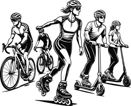 Create a realistic Illustration of Cyclists, Roller Skater and Scooter Riders isolated on transparent background - Black and White vector art with white background.