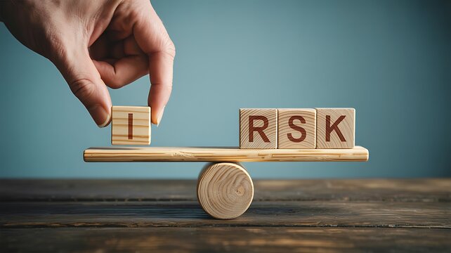 A hand places a wooden block with the letter i onto a balance scale next to rsk blocks to form the word risk representing financial strategy and assessment