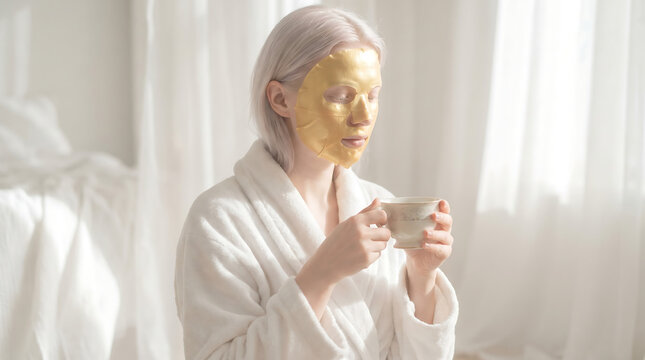 Albino woman in white robe wears golden facial mask, holding cup indoors, serene spa atmosphere.