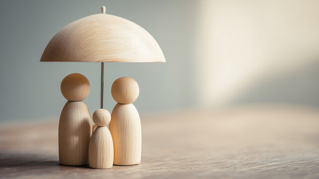 Wooden family figures under umbrella symbolizing protection, safety, insurance and family care concept.