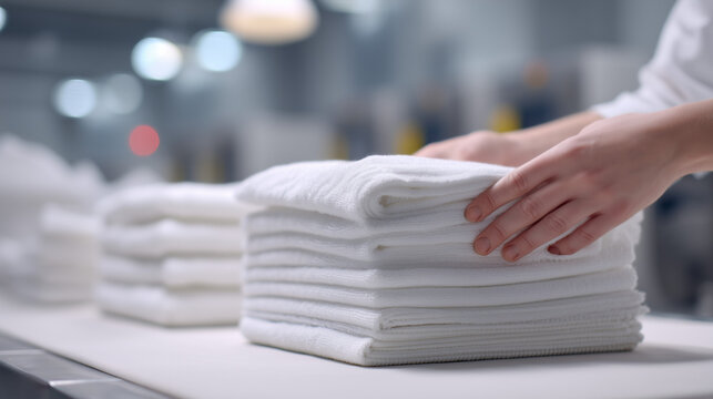 Hands arranging clean folded white towels, laundry service, hygiene and hotel housekeeping concept.
