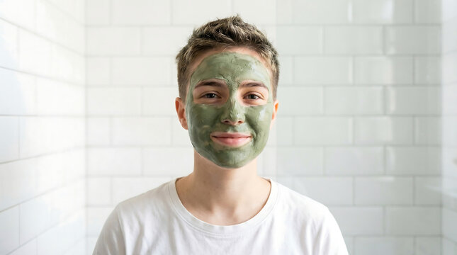 Young trans man with short hair wearing green face mask looking at bathroom mirror.