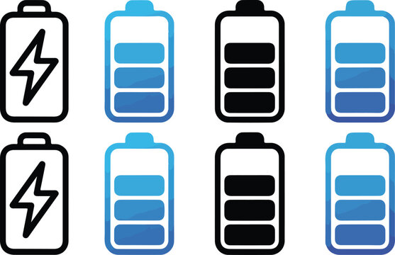 Minimal repeating battery icon pattern vector set with blue gradient charge symbols in 3x4 grid layout alternating outline styles illustration