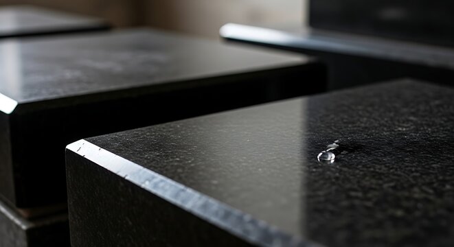 A single house key resting on a dark granite stone surface.
