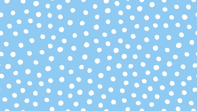 Polka dot pattern with irregular hand drawn white dots on blue background. Abstract seamless pattern with simple repeating design. Vector illustration.