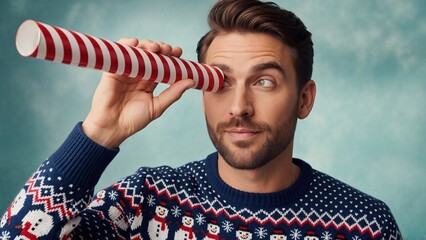 Naklejka premium Playful man in winter snowman sweater looking into future through candy cane striped tube. Christmas holiday celebration concept with copy space