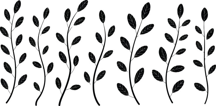 Minimal black and white botanical leaf branch silhouette vector set with repeating vertical stems and evenly spaced oval foliage pattern design