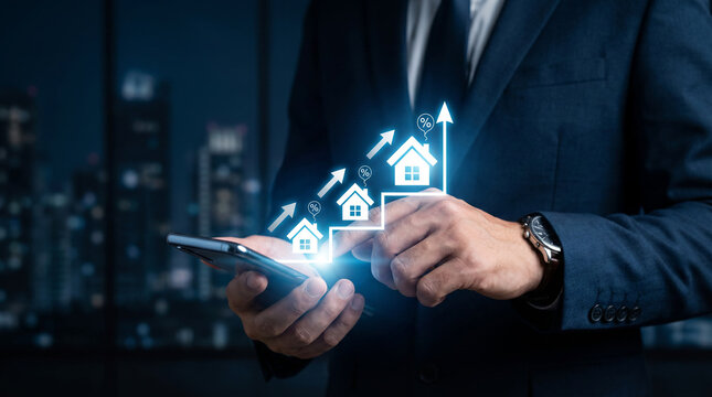 Businessman holding a smartphone, pointing at digital house symbols with increasing values, symbolizing investment