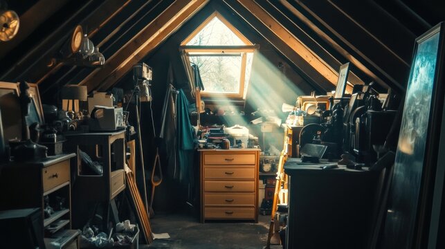 Dusty, cluttered attic with a skylight illuminating items amidst shadows, and wooden beams