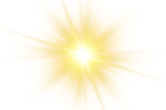 Sunburst flare with golden rays, and glowing light effect isolated on transparent background for creative graphic design.