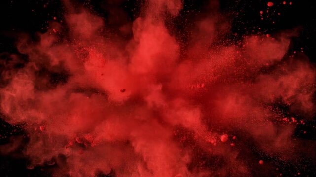 Vibrant Red Powder Explosion on Black Background Dynamic Abstract Motion.