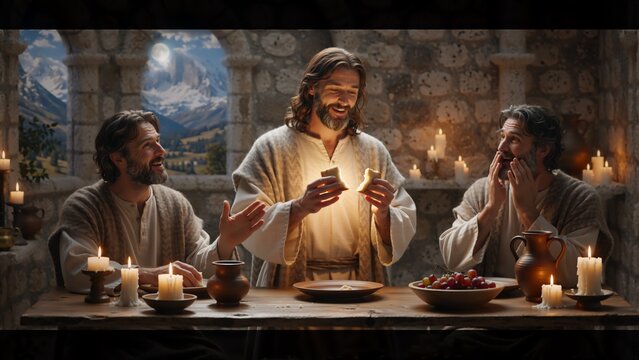 Jesus Christ breaking glowing bread with disciples at table. Biblical scene of Last Supper or Emmaus with men eating. Religious miracle illustration
