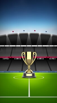 Modern soccer stadium with trophy illustration with bright lighting.	