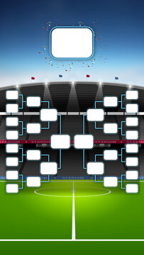 Soccer tournament bracket template with stadium background. An imaginary soccer stadium is modelled and rendered.