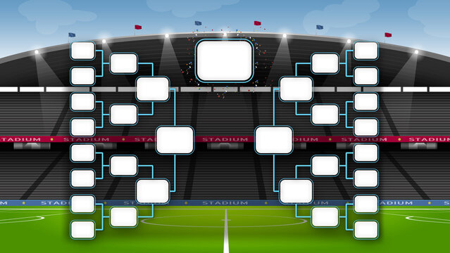 Soccer tournament bracket template with stadium background. An imaginary soccer stadium is modelled and rendered.