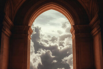 Naklejka premium An arched doorway frames a dramatic sky with clouds, suggesting transition and vastness.