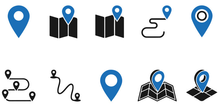 Map Pin and Location Icon Set, Navigation Route Symbols with Map Fold, Destination Pointers and GPS Tracking Elements, Vector Solid Black and Blue Navigation Icons Isolated on White Background