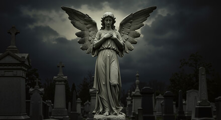Fototapeta premium Stone angel statue in gothic cemetery at night. Winged sculpture stands over graves under dark, stormy sky. Mourning and remembrance concept